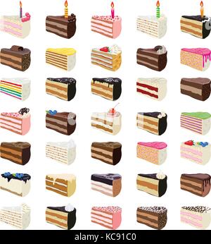 Tranches de gâteau sucré vecteur avec des fruits, du chocolat et des bougies. anniversaire, mariage, Rainbow et la crème des morceaux de gâteaux. eps10 illustration Illustration de Vecteur