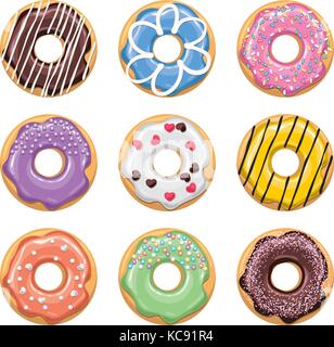 Les icônes de style moderne vecteur télévision de donuts colorés avec le glaçage, le chocolat et sprinkles, beignes isolé sur fond blanc. icône donut desig Illustration de Vecteur