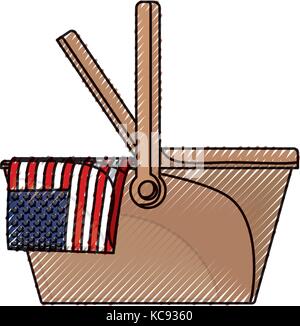 Célébrer la fête du travail avec drapeau américain dans panier crayon de couleur alimentaire silhouette Illustration de Vecteur