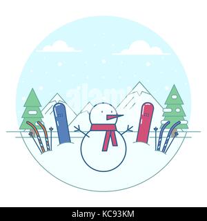 Vector illustration d'un bonhomme de neige sur les montagnes de neige et de sapins fond. d'hiver et de l'activité thème. Illustration de Vecteur