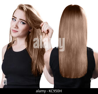 Les cheveux de la femme avant et après le traitement. Banque D'Images