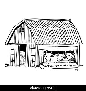 Dessin à la main grange avec trois vaches laitières funny cartoon, pour concept de ferme -vector illustration Illustration de Vecteur