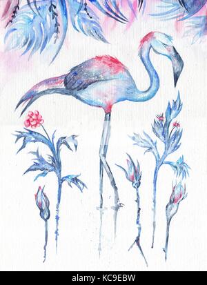 Peinture d'hiver exotique bleu avec Flamingo, rose fleurs et fruits rouges sous les feuilles on white background Banque D'Images