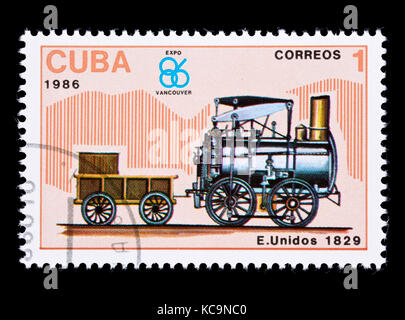 Timbre-poste représentant de Cuba la locomotive à vapeur du Lion Stourbridge United States, 1829 Banque D'Images