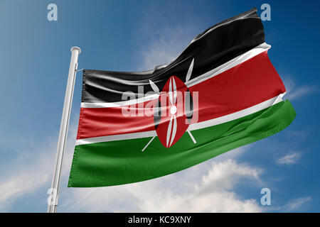 Le drapeau du Kenya agite à un ciel magnifique et paisible en journée alors que le soleil brille. Rendu 3D. Banque D'Images