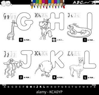 Cartoon noir et blanc illustration de l'alphabet en majuscules avec des caractères pour la lecture et l'écriture l'éducation pour les enfants de g à l Illustration de Vecteur