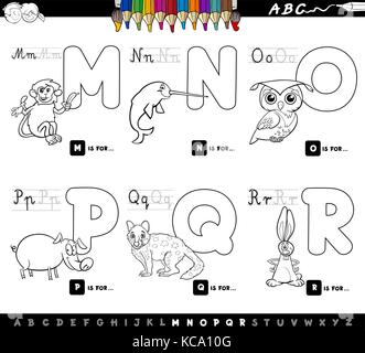 Cartoon noir et blanc illustration de l'alphabet en majuscules avec des caractères pour la lecture et l'écriture l'éducation pour les enfants de m à r Illustration de Vecteur