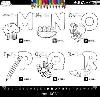 Cartoon noir et blanc illustration de l'alphabet majuscules jeu éducatif pour l'apprentissage de lecture et d'écriture pour les enfants de m à r bo coloriage Illustration de Vecteur