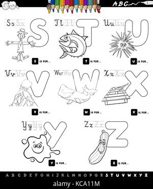 Cartoon noir et blanc illustration de l'alphabet majuscules jeu éducatif pour l'apprentissage de lecture et d'écriture pour les enfants de s à z bo coloriage Illustration de Vecteur