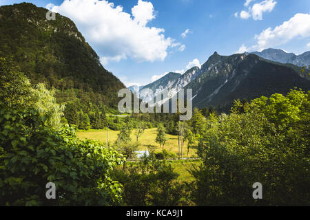 Un petit champ ouvert paisible avec des arbres avec une chaîne de montagnes en arrière-plan dans une journée ensoleillée avec des nuages. Banque D'Images