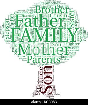 Nuage de mots, concept de famille faite avec un arbre forme et tags sur fond blanc. Illustration de Vecteur