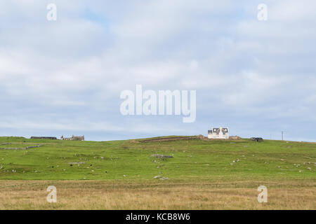 Propriété isolée sur Yell, Shetland Islands, Écosse, Royaume-Uni - Grande propriété neuve contrastant avec petite maison abandonnée croft Banque D'Images