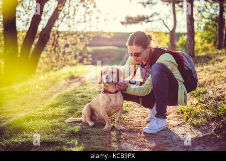 Woman picking une tique sur la fourrure de chien Banque D'Images