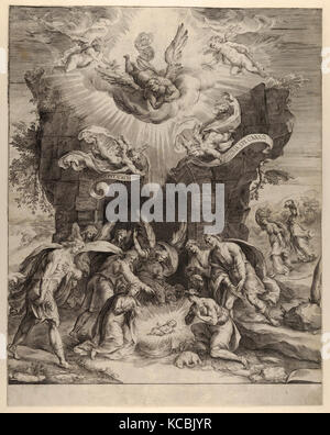 Dessins et estampes, Print, l'Adoration des bergers avec l'enfant Jésus au centre et les anges au-dessus Banque D'Images