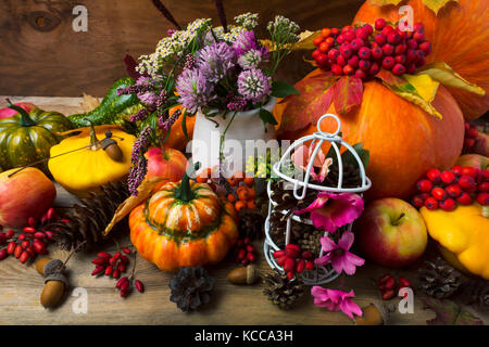 Arrière-plan de l'automne avec le trèfle dans un vase, les pommes, le berbéris, la citrouille, la cage et les cônes décorés de fleurs roses Banque D'Images