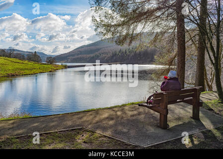 Paysage avec une dame de vous détendre dans le froid était assis sur un banc avec vue sur un lac ou un réservoir boire d'une tasse rouge Banque D'Images