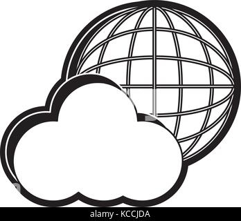 Ligne plate cloud monochromatique avec global connect over white background vector illustration Illustration de Vecteur