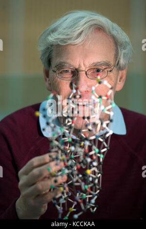 Richard Henderson, qui est l'un des trois scientifiques qui ont partagé le prix Nobel de chimie 2017 pour l'amélioration des images faites de molécules biologiques, examine un modèle d'une bactériorhodopsine, comme il parle au Laboratoire de biologie moléculaire à Cambridge, où il travaille. Banque D'Images