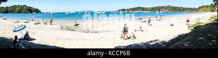 Oneroa, Îles Waiheke, Nouvelle-Zélande, NZ - 4 février 2017 - Panorama de personnes sur la plage de sable blanc et d'un mouillage occupé avec de nombreux bateaux Banque D'Images