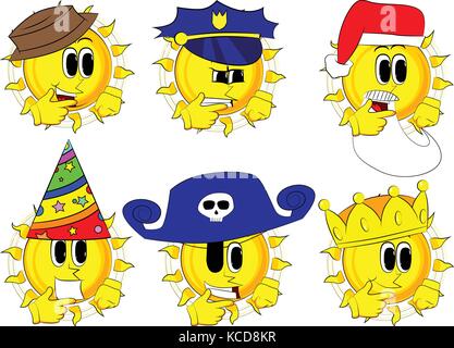 Caricature de la pensée de sun ou pointant vers son côté gauche. collection de costumes avec expressions. vector set. Illustration de Vecteur
