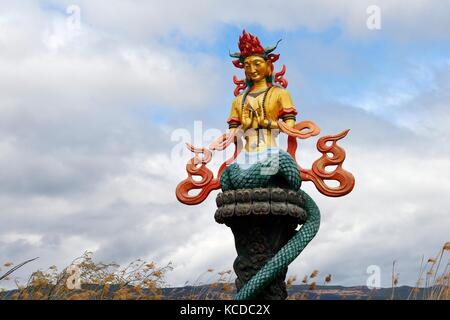 Marge du lac Lashi dans la réserve naturelle des terres humides du plateau de Lijiang Lashihai. Important peuple ethnique Naxi et Li. Les prêtres Dongba sanctuaire à Dieu de la nature Banque D'Images