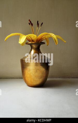 Lis jaune dans un pot en cuivre indien sur un arrière-plan simple Banque D'Images