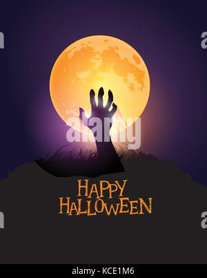 La main de zombie s'élevant du sol contre un orange halloween lune. vector illustration. Illustration de Vecteur