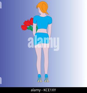 La jeune fille est tourné avec son retour au bleu vêtements et un bouquet de fleurs. Illustration de Vecteur