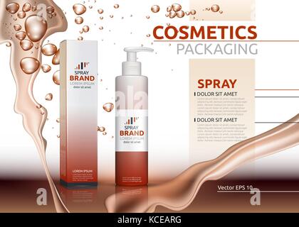 Produits naturels spray vecteur bouteilles réaliste. immersive 3d illustration. paquet cosmétiques ads modèle. splash origines effet Illustration de Vecteur