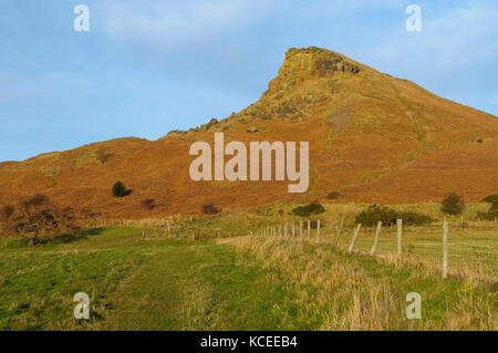 Une vue de Roseberry Topping, éminent et distinctif Hill sur le bord nord de la North York Moors National Park, North Yorkshire. Décembre. Banque D'Images