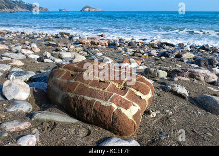 Petite section de mur en brique, sea-lavé et érodé et échoués sur la plage de Meadfoot, Torquay, Devon, UK avec thatcher rock en arrière-plan. Banque D'Images