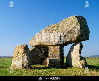 Ty Newydd chambre funéraire, les ruines d'un tombeau néolithique chambré, Isle of Anglesey. Les pierres de la chambre funéraire ont été couverts par un cairn. Banque D'Images