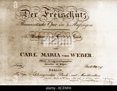 Page de titre de l'Opéra Allemand "Der Freischütz" (Le tir libre) par Carl Maria von Weber (1786-1826), un compositeur allemand, chef d'orchestre, pianiste, guitariste, et critique. En date du 19e siècle Banque D'Images