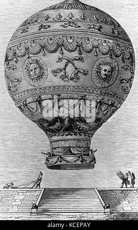 La gravure sur cuivre du Ballon d'hydrogène conçu par les frères Montgolfier. Joseph-Michel Montgolfier (1740-1810) et Jacques-Étienne Montgolfier (1745-1799), inventeurs de la montgolfière-style hot air balloon, globe aérostatique. En date du 18e siècle Banque D'Images