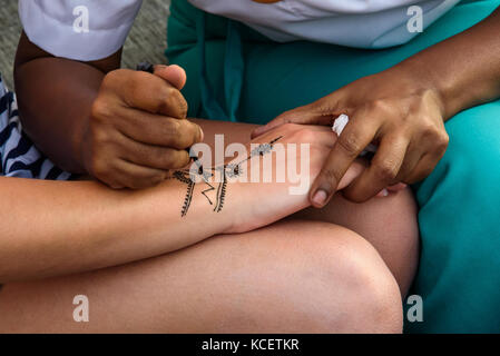 Peinture artiste mehndi henna sur la fille main Banque D'Images