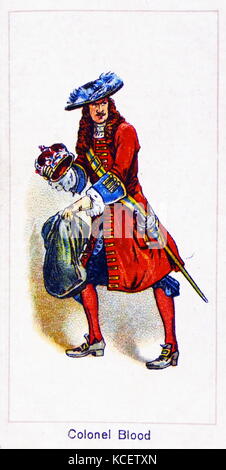 Carte d'entreprise Carte Cigarette Londres 1924 représentant : le colonel Thomas Blood (1618 - 1680) ; agent anglo-irlandais et soi-disant colonel mieux connu pour sa tentative de voler les joyaux de la Couronne d'Angleterre de la Tour de Londres en 1671. Banque D'Images