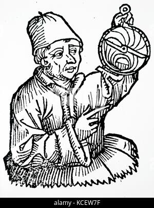 Portrait de Regiomontanus (1436-1476) mathématicien et astronome, montrant à l'aide d'un astrolabe. En date du 15e siècle Banque D'Images