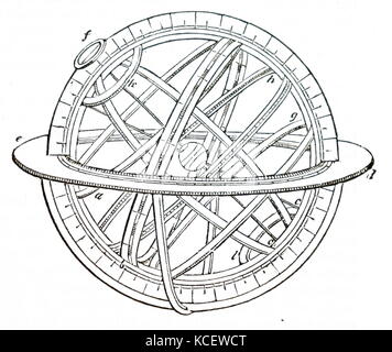 Illustration représentant une sphère armillaire. Une sphère armillaire est un modèle d'objets dans le ciel composé d'un cadre sphérique de sonneries, centré sur la terre ou le Soleil, qui représentent les lignes de longitude et latitude céleste et d'autres caractéristiques importantes de façon astronomique comme l'écliptique. En date du 16e siècle Banque D'Images