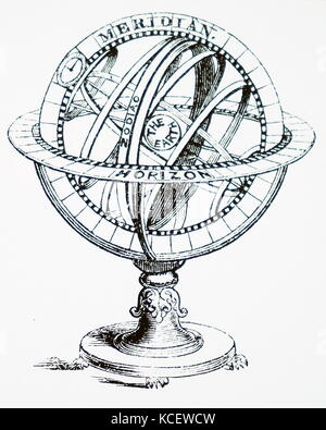 Illustration représentant une sphère armillaire. Une sphère armillaire est un modèle d'objets dans le ciel composé d'un cadre sphérique de sonneries, centré sur la terre ou le Soleil, qui représentent les lignes de longitude et latitude céleste et d'autres caractéristiques importantes de façon astronomique comme l'écliptique. En date du 16e siècle Banque D'Images