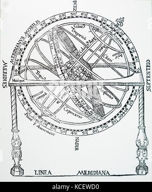 Illustration représentant une sphère armillaire. Une sphère armillaire est un modèle d'objets dans le ciel composé d'un cadre sphérique de sonneries, centré sur la terre ou le Soleil, qui représentent les lignes de longitude et latitude céleste et d'autres caractéristiques importantes de façon astronomique comme l'écliptique. En date du 16e siècle Banque D'Images