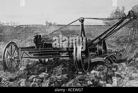 Gravure représentant une ancre mobile pour l'utilisation du véhicule à une extrémité d'un champ à l'office de poulie block pour corde à laquelle est attachée une charrue à vapeur dans les labours. En date du 19e siècle Banque D'Images