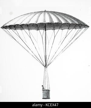 André-Jacques Garnerin gravure illustrant à sa première descente en parachute. André-Jacques Garnerin (1769-1823) un aéronaute français et inventeur du parachute sans cadre. En date du 18e siècle Banque D'Images