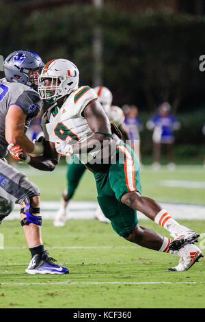 Durham, NC, USA. Sep 29, 2017. Tchad Thomas (9) de la Miami Hurricanes de la NCAA se rencontreront entre Miami et le duc à Wallace Wade Stadium à Durham, NC. (Scott Kinser/Cal Sport Media) Credit : csm/Alamy Live News Banque D'Images