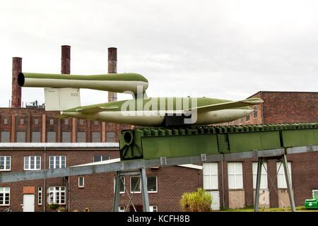 Peenemuende, Allemagne - 21 septembre 2017 : le territoire de l'armée centre de recherche. ww-ii mis au point v-1 et V-2. vue de la v-1 en vol de missiles. Banque D'Images