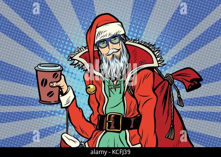 Close-up hipster le père Noël avec une tasse de café Illustration de Vecteur
