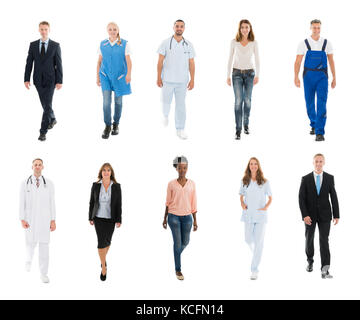 Collage de personnes avec différentes professions walking against white background Banque D'Images