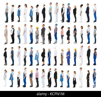 Collage des personnes ayant divers profession standing in line against white background Banque D'Images