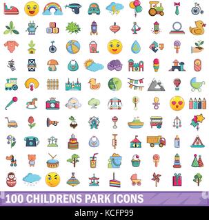 Parc pour enfants 100 icons set, cartoon style Illustration de Vecteur