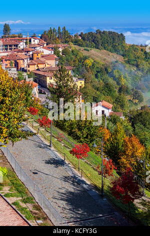 Vue de dessus sur le long de l'allée d'automne coloré arbres et collines en arrière-plan sur le petit village dans le Piémont, Italie du nord (composition verticale). Banque D'Images