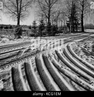 Chemin d'hiver avec des traces de pneu de voiture. de voie routière couverte de neige après la dernière chute de neige. country road. Chaussée de petite taille. traces de roues sur le chemin d'hiver Banque D'Images